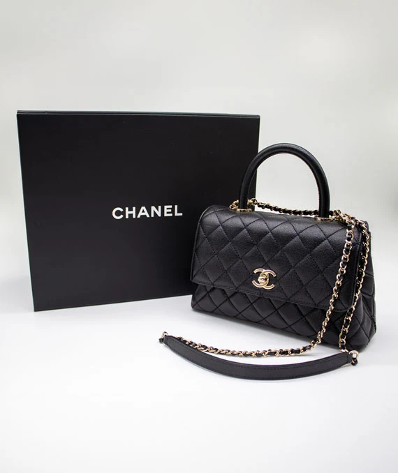 Chanel Quilted Black Small Coco Handle Caviar Leather Bag with Gold Hardware