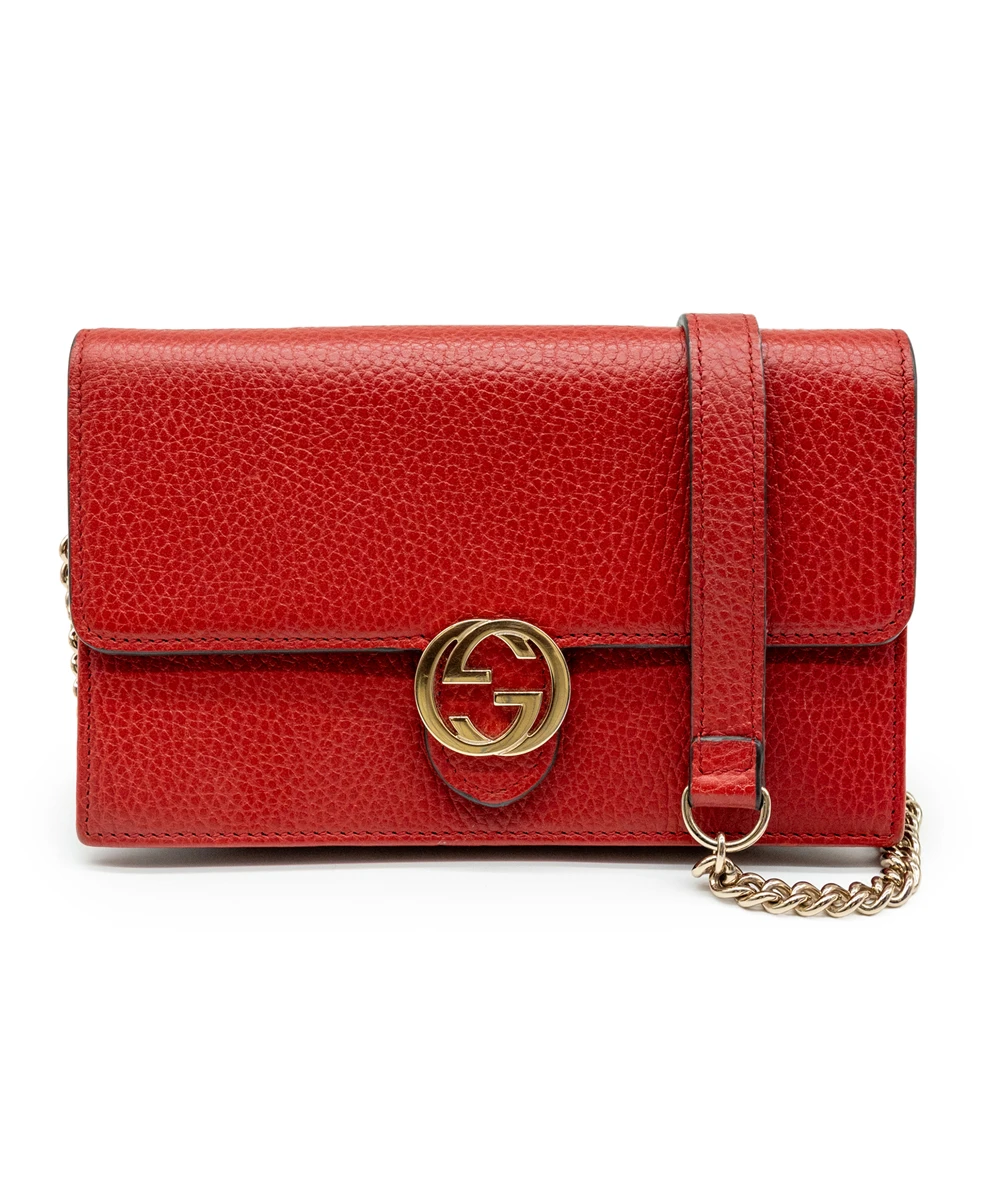 Gucci Red Leather Interlocking G Flap Chain Clutch