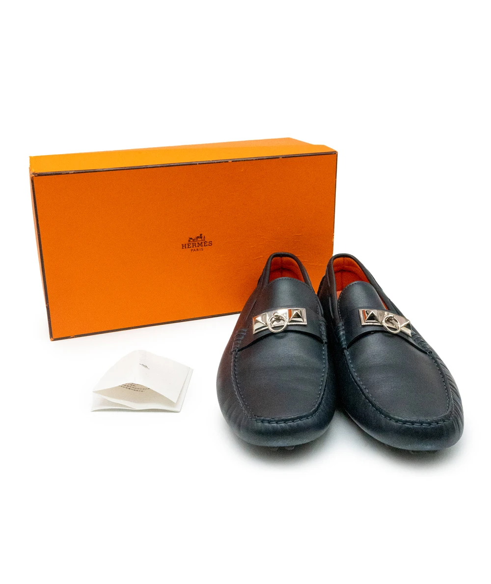 Hermes Size 44.5 Black Leather Irving Loafers