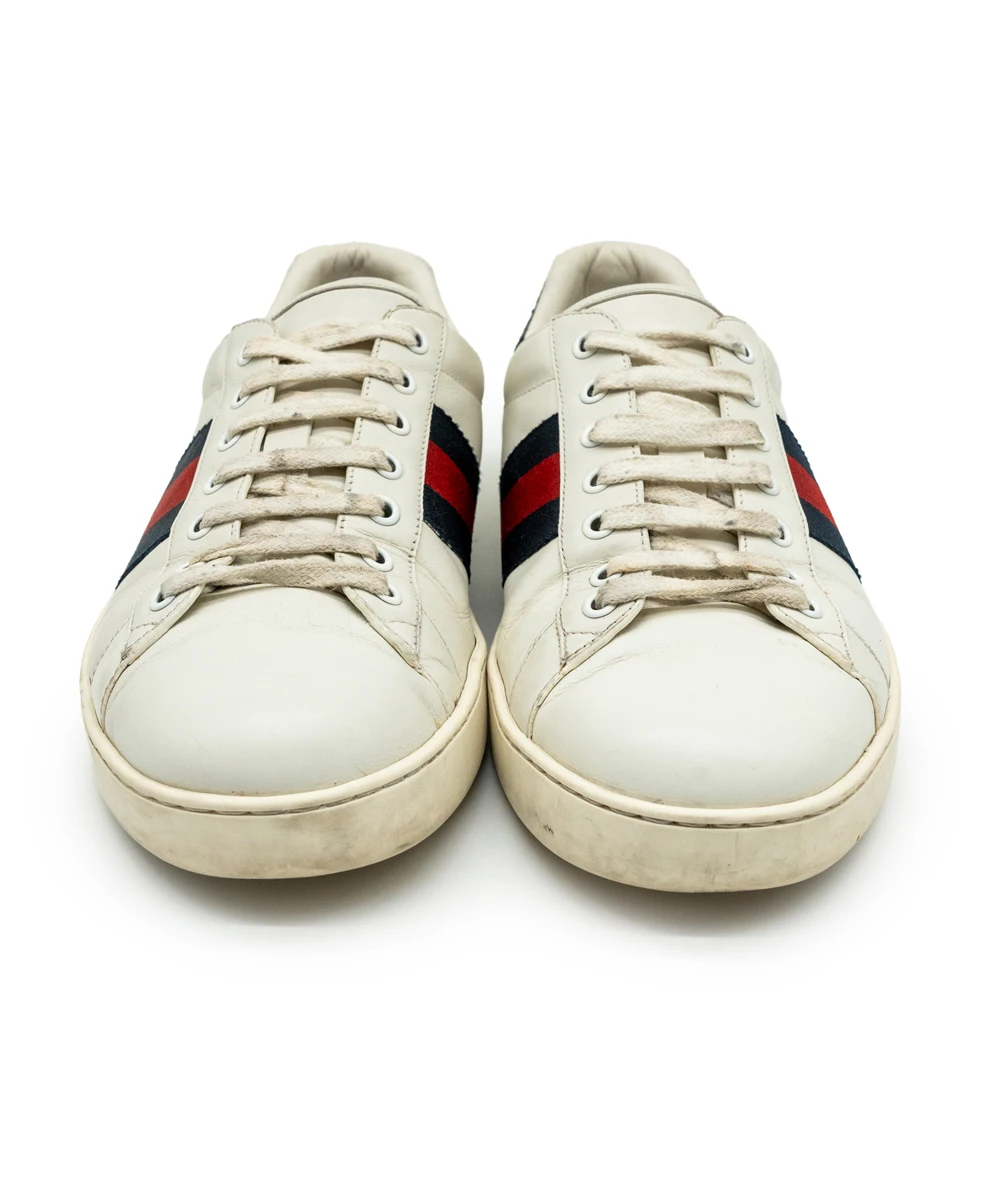 Gucci Size 43 White Leather Web Ace Sneakers