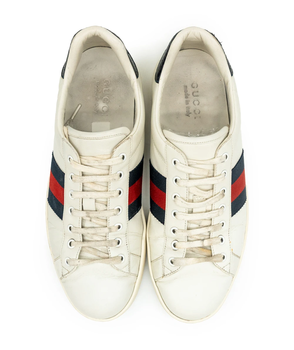 Gucci Size 43 White Leather Web Ace Sneakers