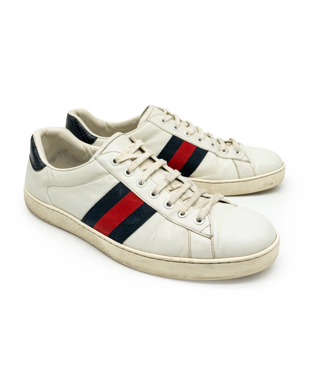 Gucci Size 43 White Leather Web Ace Sneakers