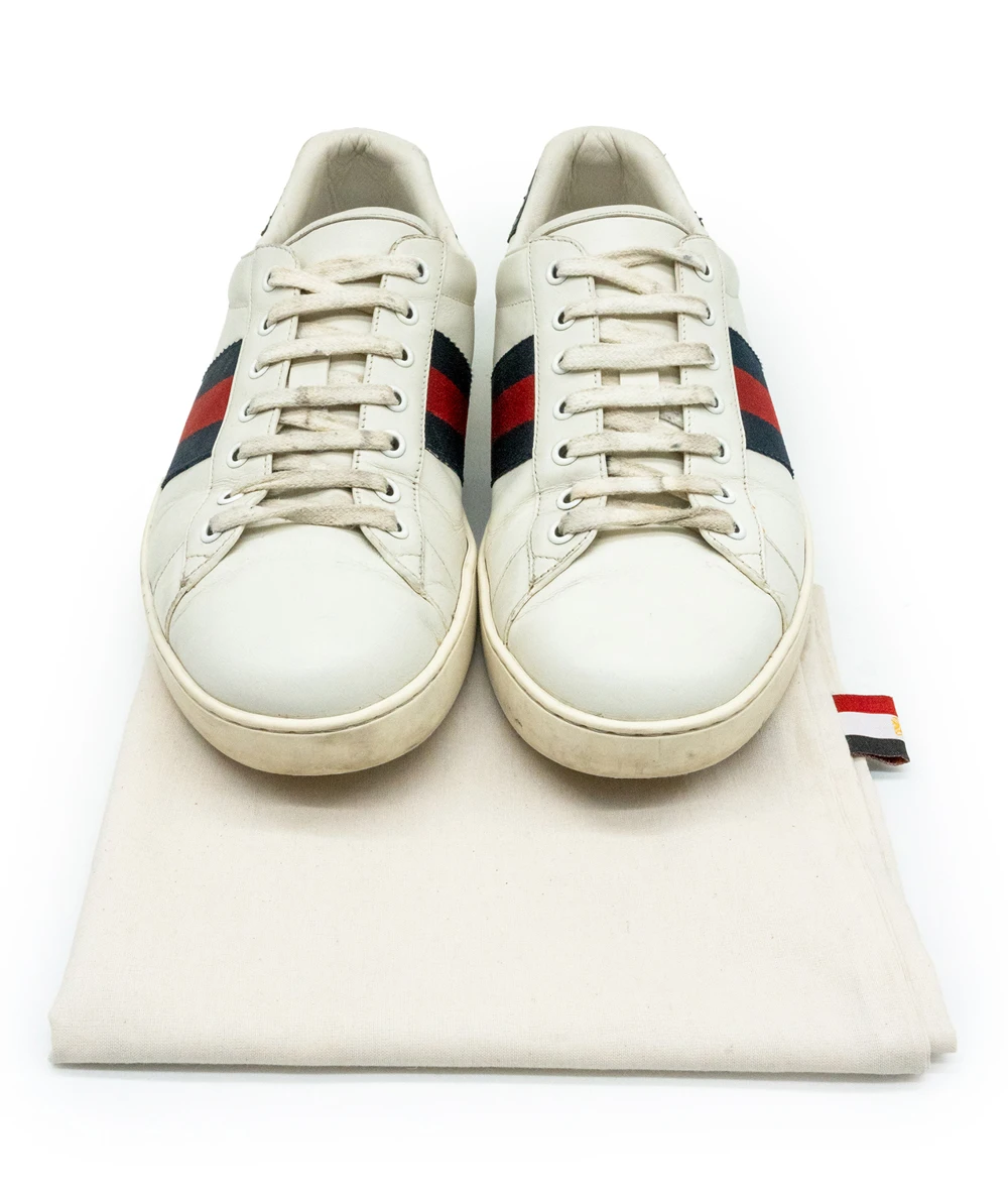 Gucci Size 43 White Leather Web Ace Sneakers