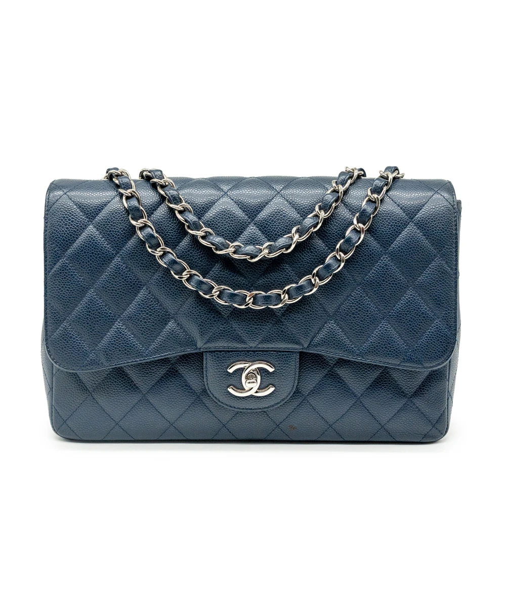 Chanel Blue Jumbo Classic Flap Quilted Caviar Leather Handbag with Silver Hardware