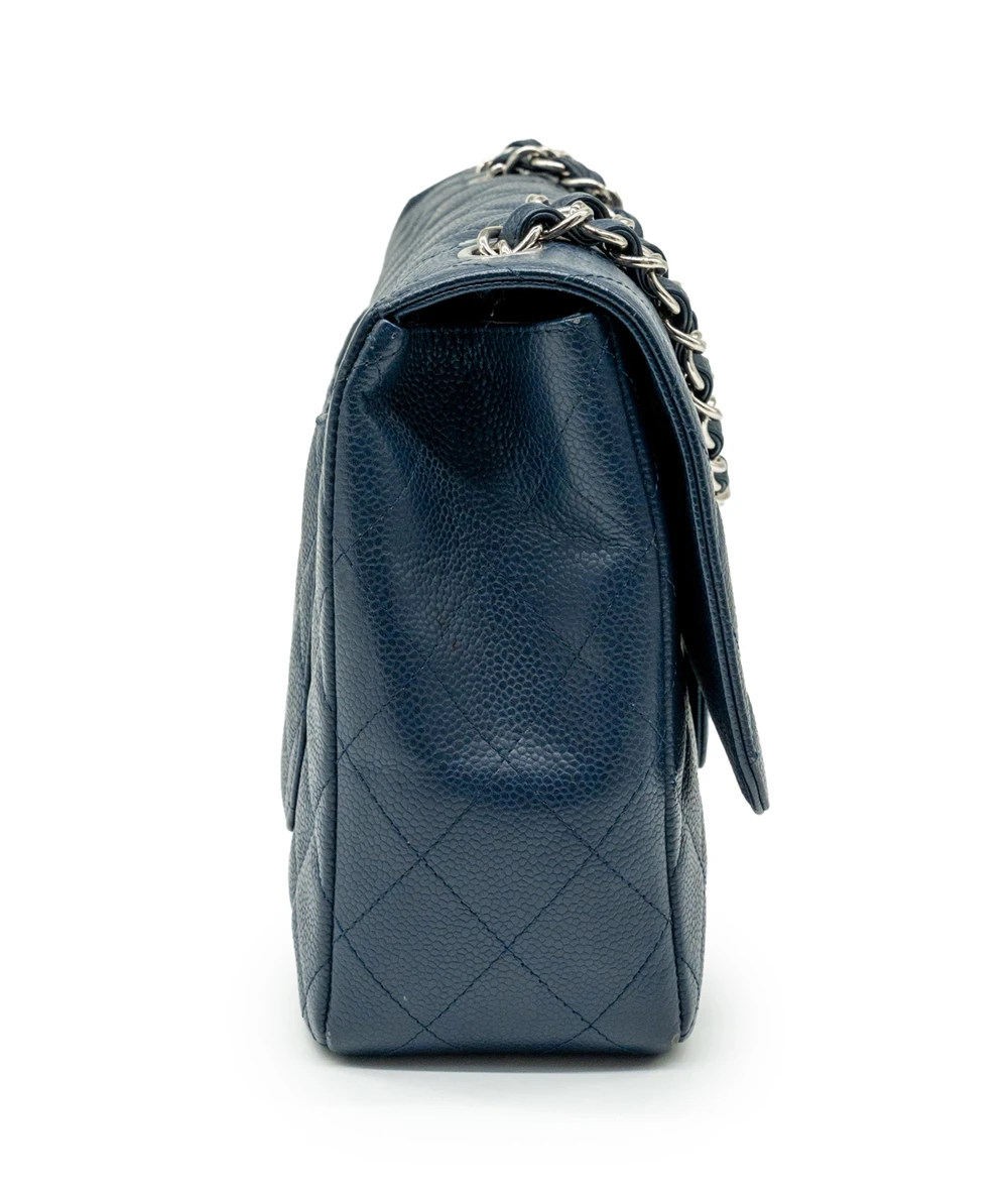 Chanel Blue Jumbo Classic Flap Quilted Caviar Leather Handbag with Silver Hardware