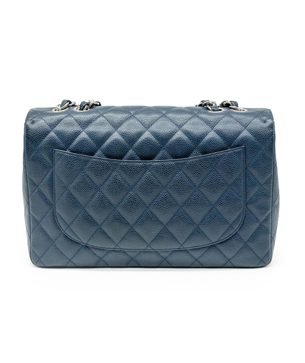 Chanel Blue Jumbo Classic Flap Quilted Caviar Leather Handbag with Silver Hardware