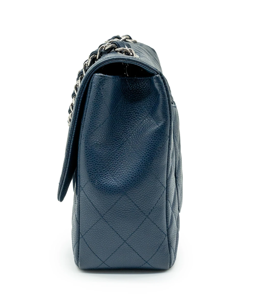 Chanel Blue Jumbo Classic Flap Quilted Caviar Leather Handbag with Silver Hardware