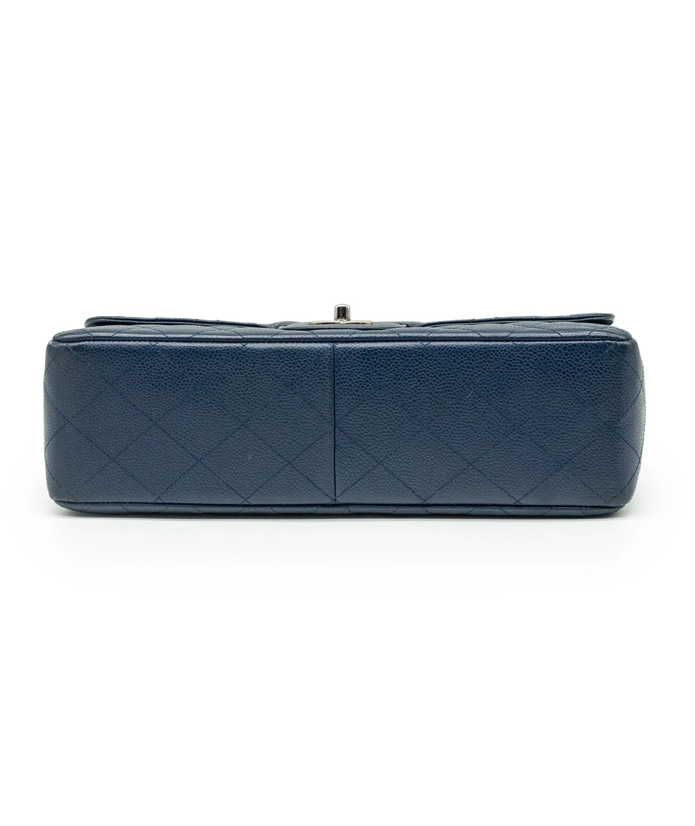 Chanel Blue Jumbo Classic Flap Quilted Caviar Leather Handbag with Silver Hardware