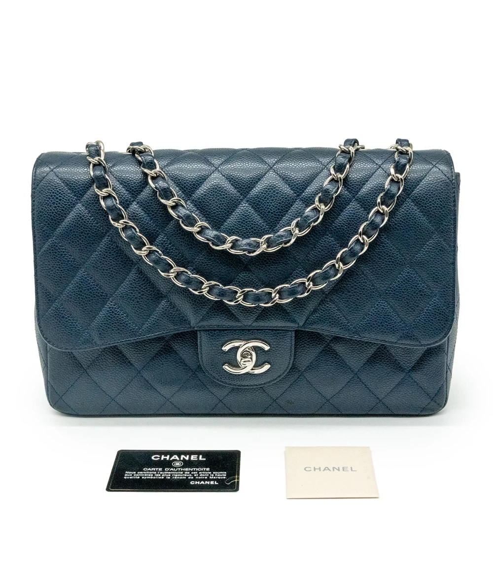 Chanel Blue Jumbo Classic Flap Quilted Caviar Leather Handbag with Silver Hardware