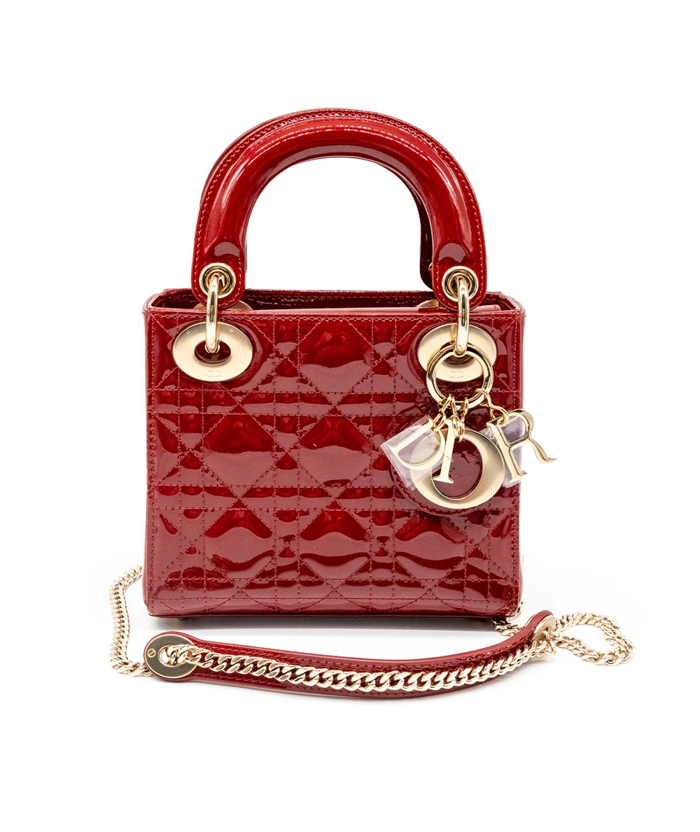 Christian Dior Cherry Red Color Cannage Mini Lady Dior Bag in Patent Leather