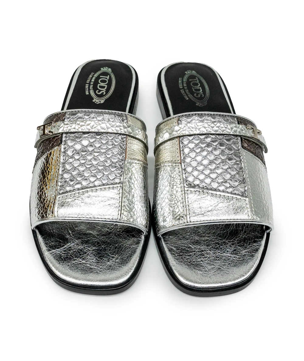 Tod's Size 36 Silver Leather and Black Limited Edition Slides