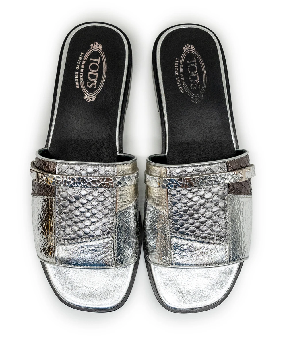 Tod's Size 36 Silver Leather and Black Limited Edition Slides