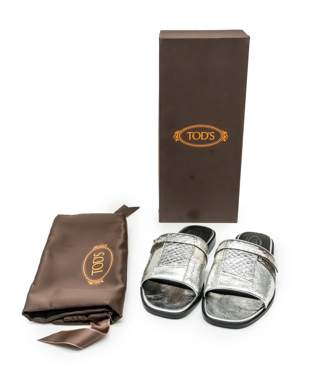 Tod's Size 36 Silver Leather and Black Limited Edition Slides