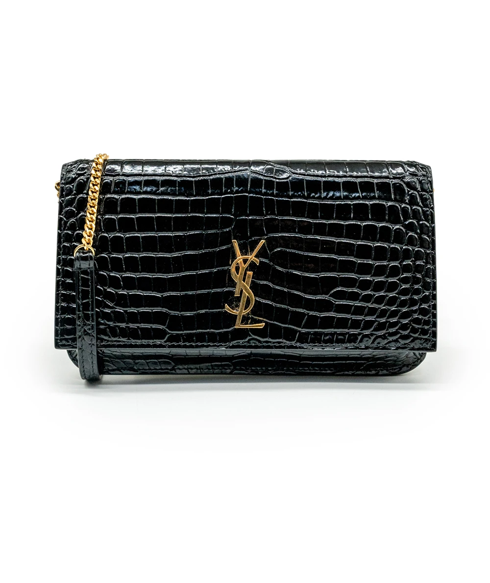 Saint Laurent Cassandre Phone Holder in Shiny Crocodile Embossed Leather