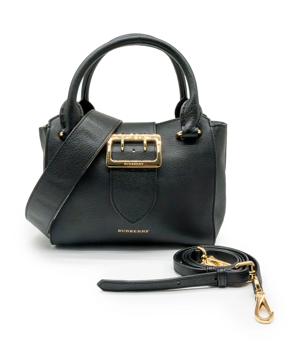 Burberry Black Grained Leather Small Buckle Tote Bag