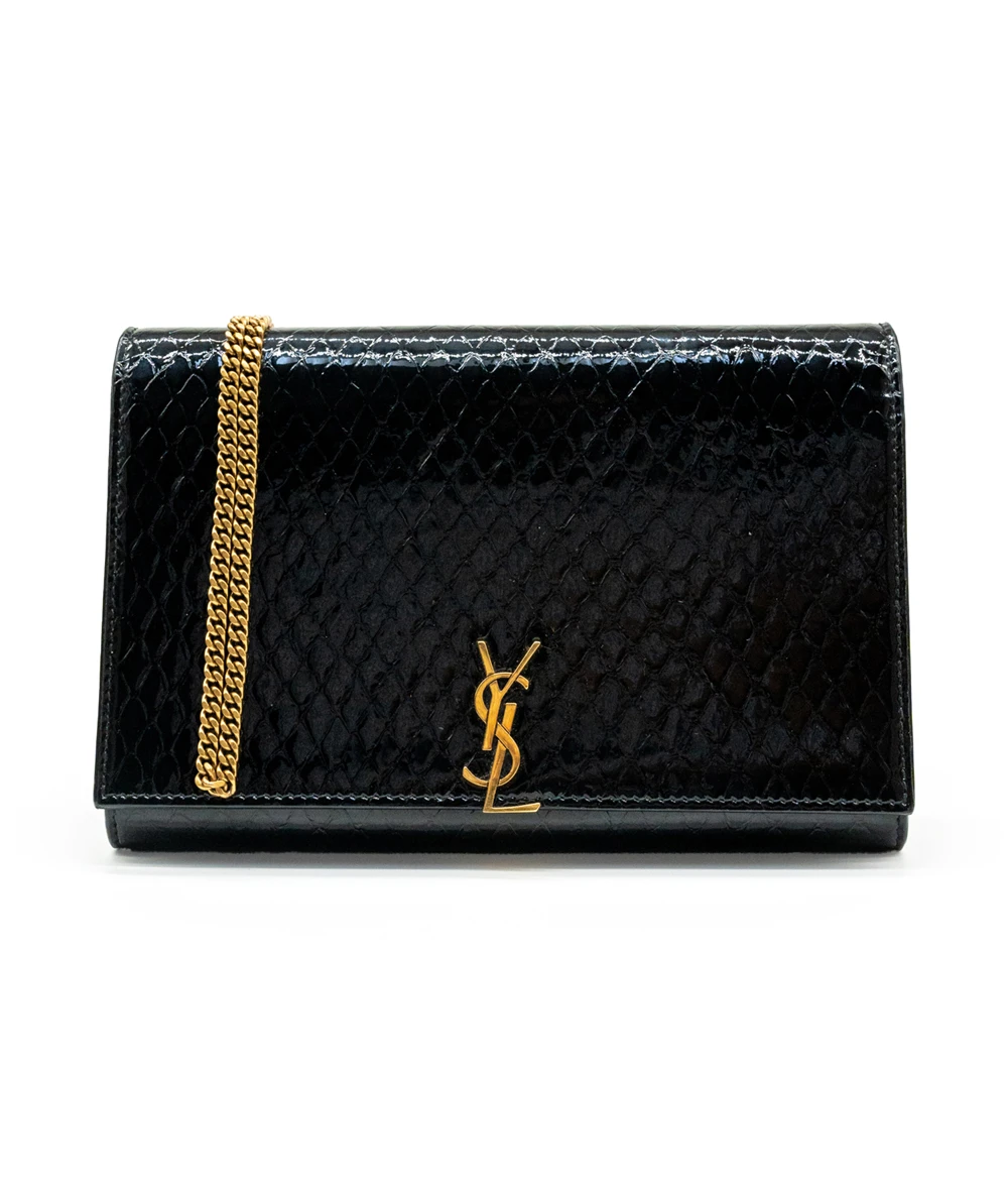 Saint Laurent Black Glossy Python Imprinted Leather Wallet on Chain