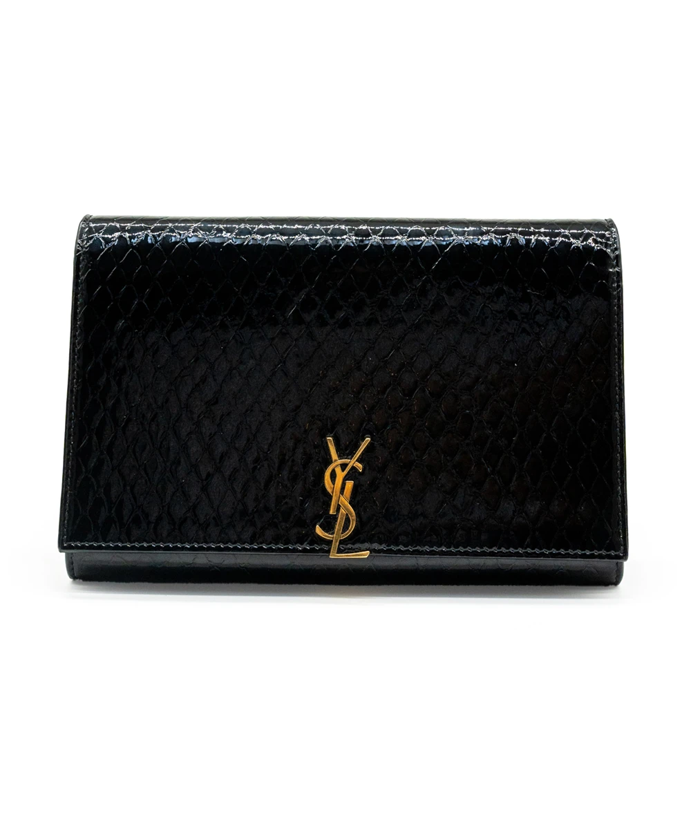 Saint Laurent Black Glossy Python Imprinted Leather Wallet on Chain