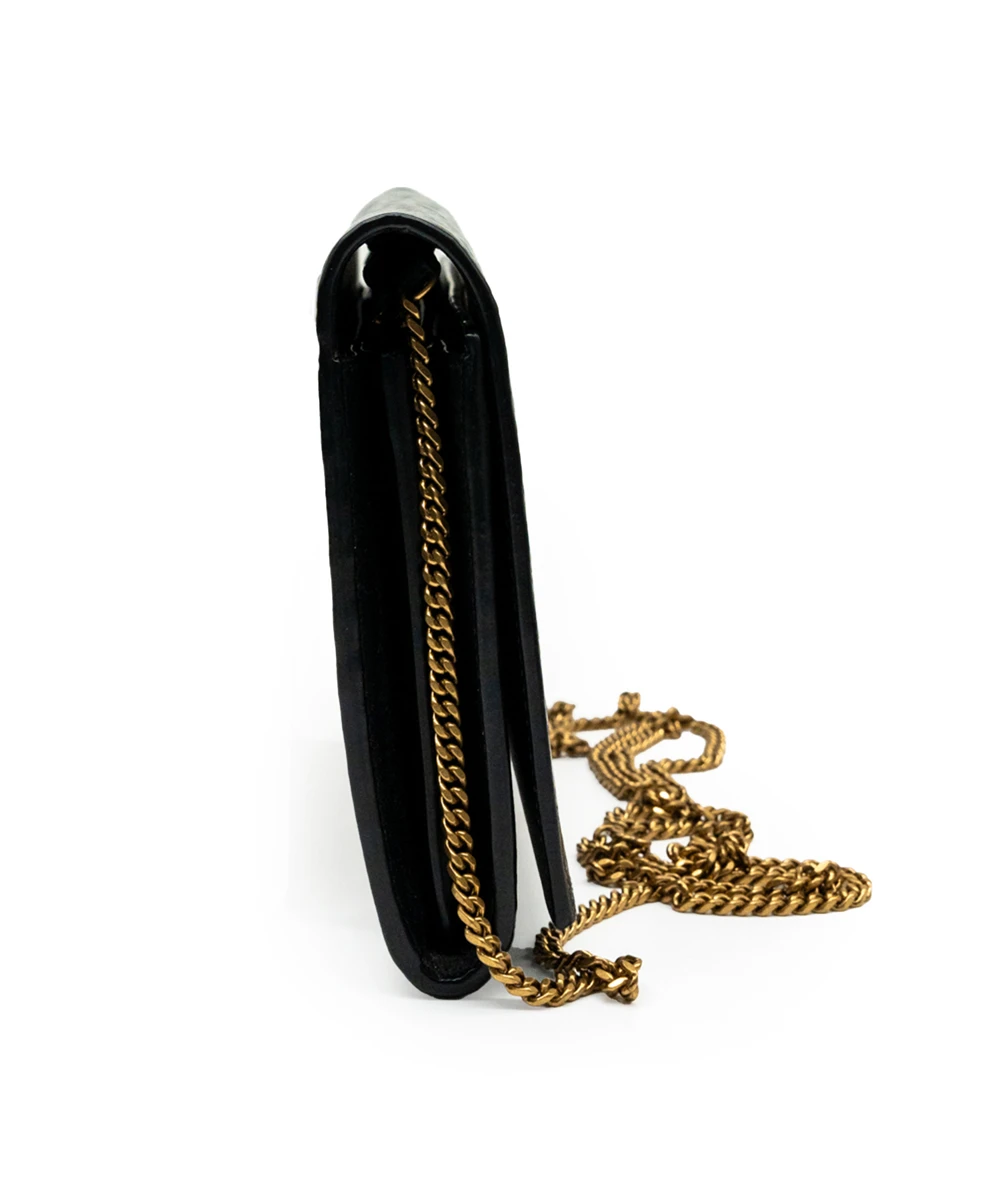 Saint Laurent Black Glossy Python Imprinted Leather Wallet on Chain