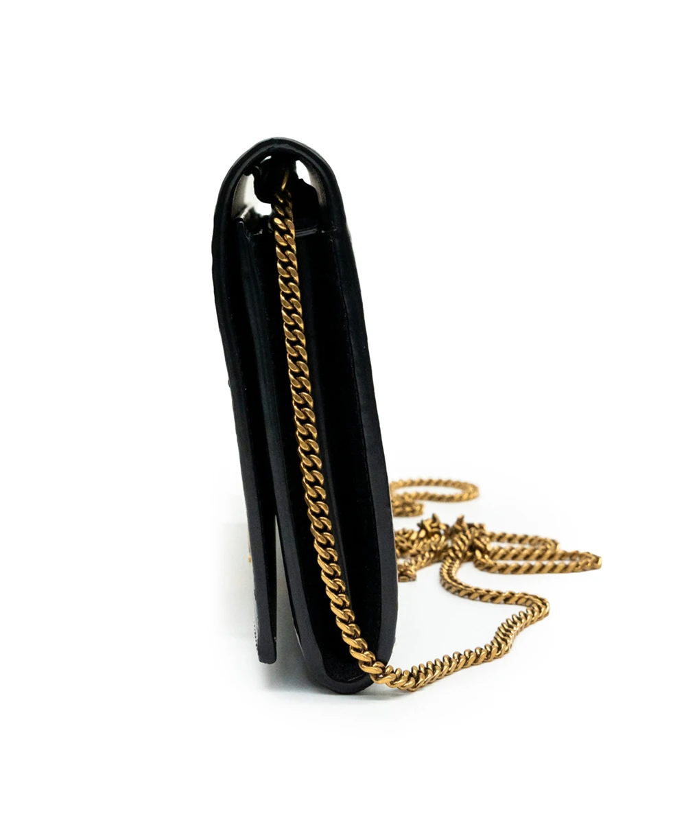 Saint Laurent Black Glossy Python Imprinted Leather Wallet on Chain