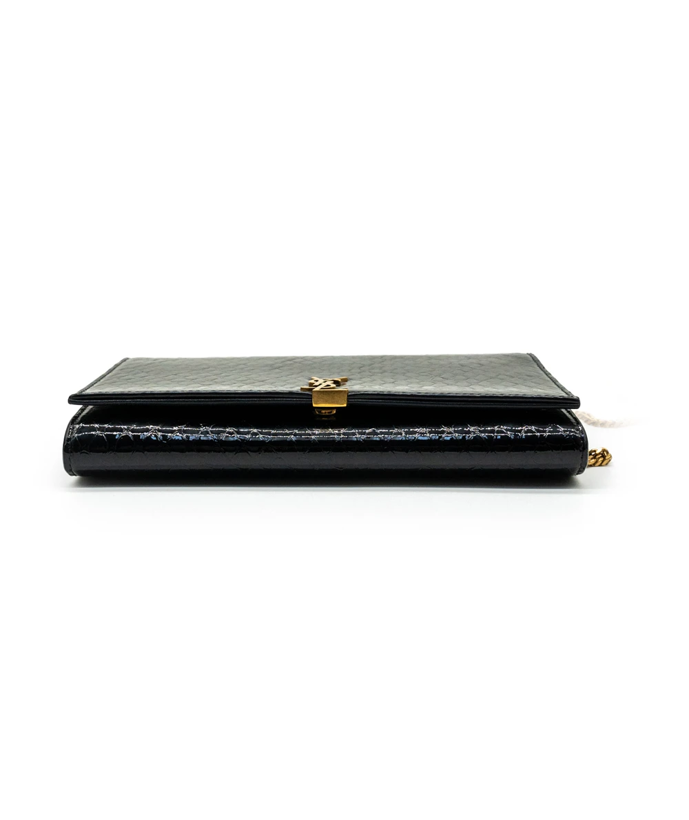 Saint Laurent Black Glossy Python Imprinted Leather Wallet on Chain