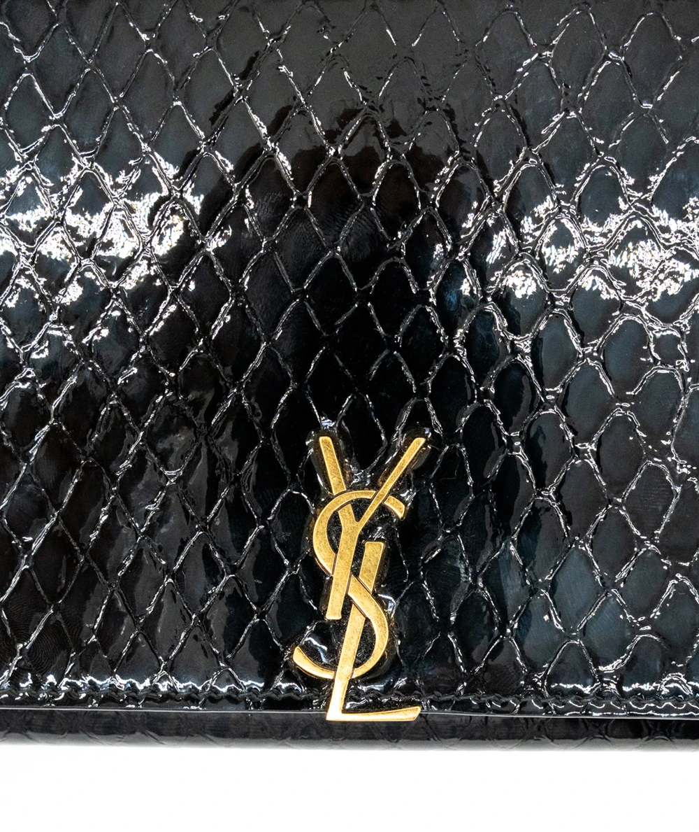 Saint Laurent Black Glossy Python Imprinted Leather Wallet on Chain