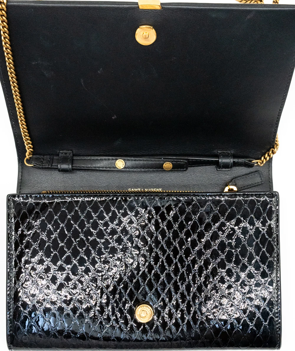 Saint Laurent Black Glossy Python Imprinted Leather Wallet on Chain