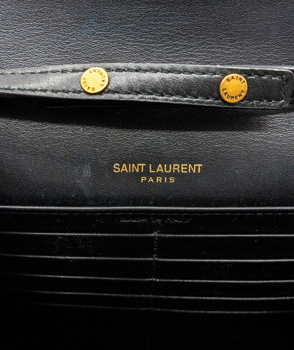 Saint Laurent Black Glossy Python Imprinted Leather Wallet on Chain