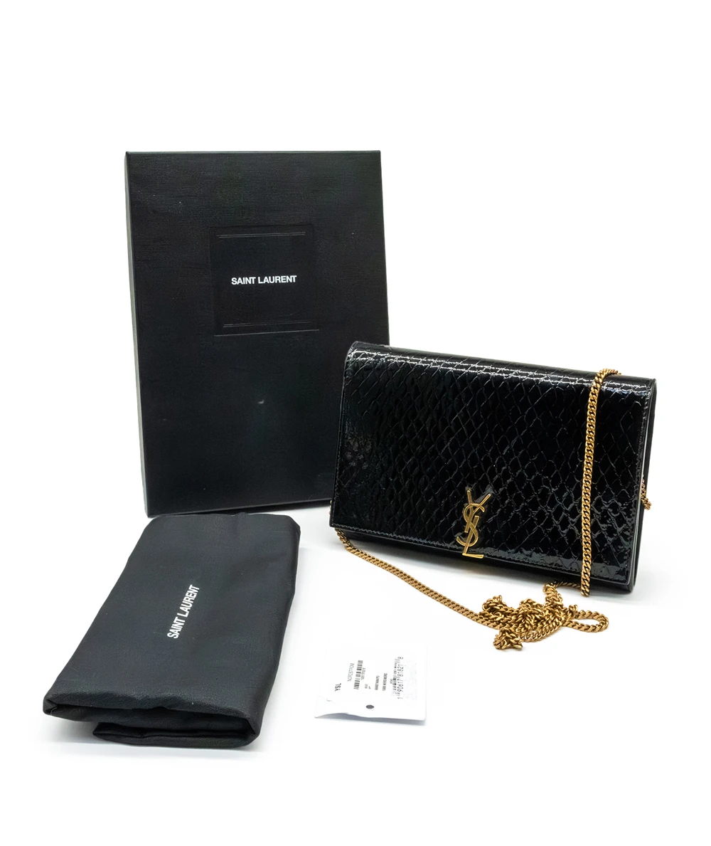 Saint Laurent Black Glossy Python Imprinted Leather Wallet on Chain