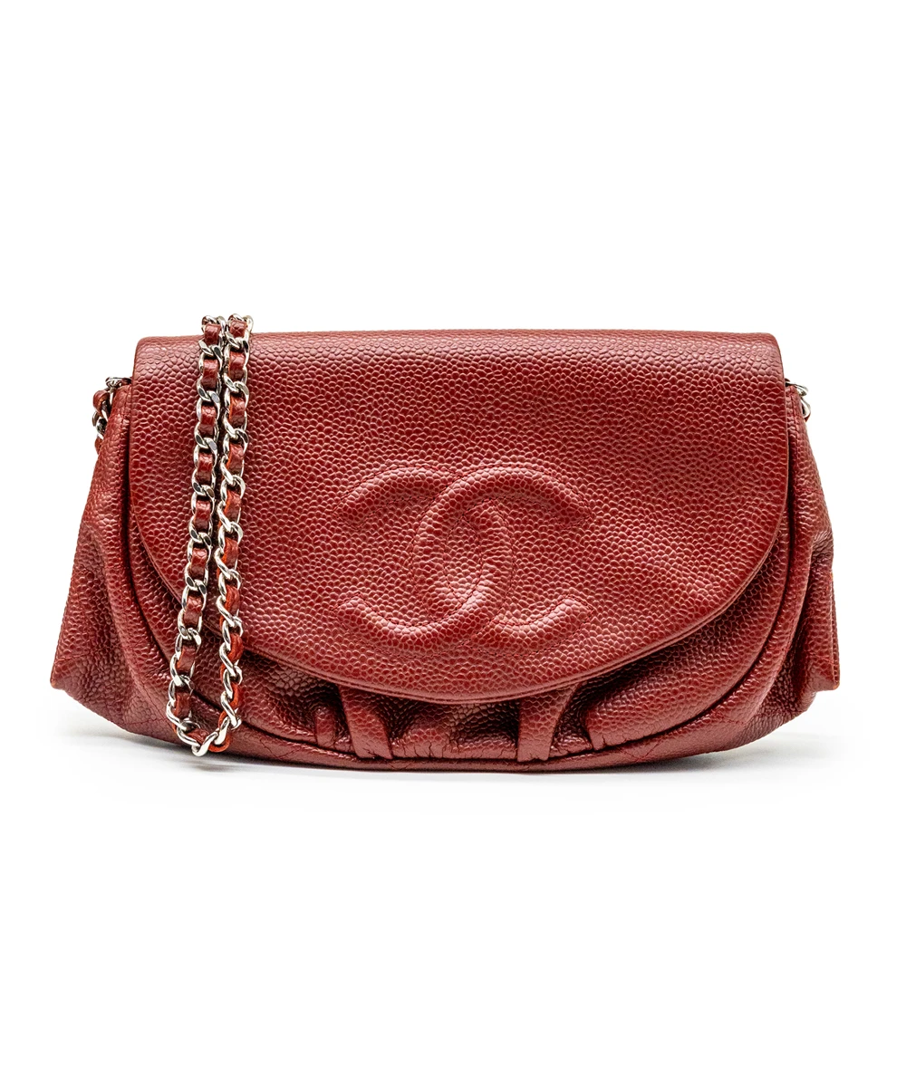 Chanel Red Quilted Caviar Leather Half Moon Wallet On Chain