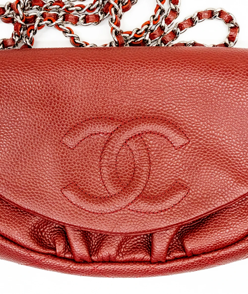 Chanel Red Quilted Caviar Leather Half Moon Wallet On Chain