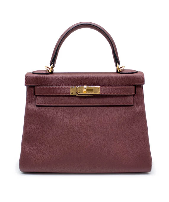 Hermes Rouge Grenat Togo Leather Kelly Retourne Size 28 Bag with Gold Hardware