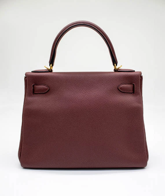 Hermes Rouge Grenat Togo Leather Kelly Retourne Size 28 Bag with Gold Hardware