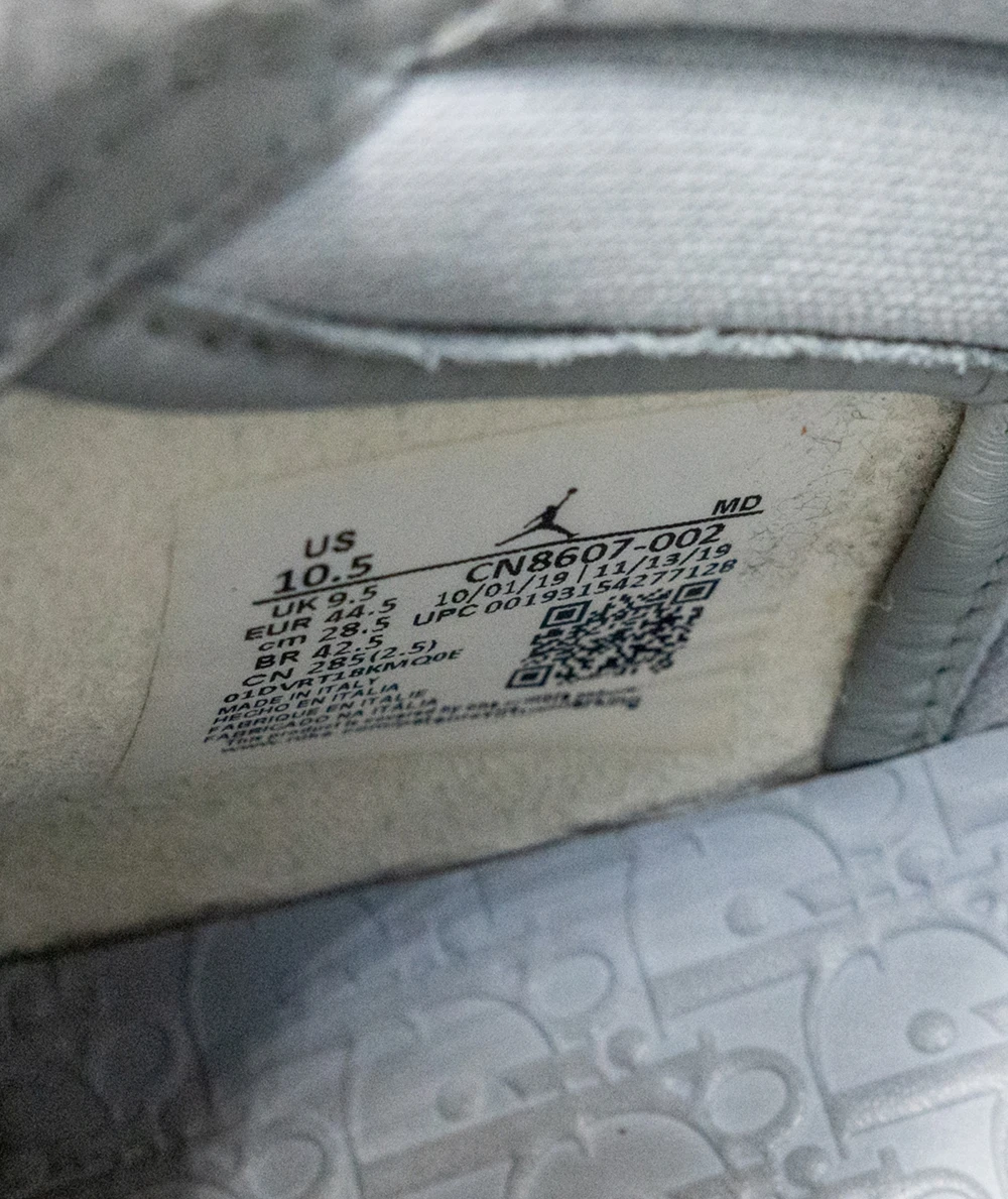 Jordan x Dior Size 44.5 Grey/White Leather Air Jordan 1 Retro High Top Sneaker
