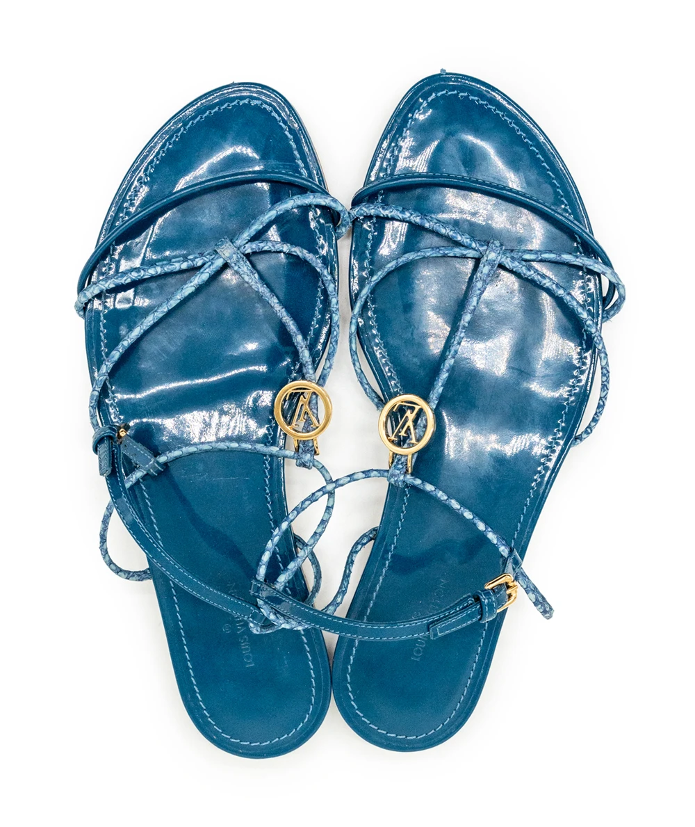 Louis Vuitton Size 37 Blue Snakeskin Leather Sunseeker Ankle Strap Flat Sandals