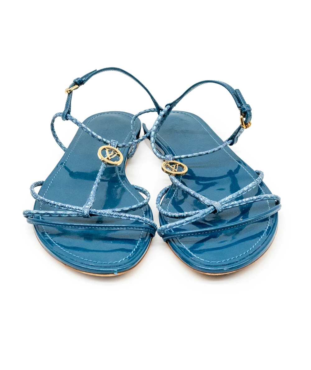 Louis Vuitton Size 37 Blue Snakeskin Leather Sunseeker Ankle Strap Flat Sandals