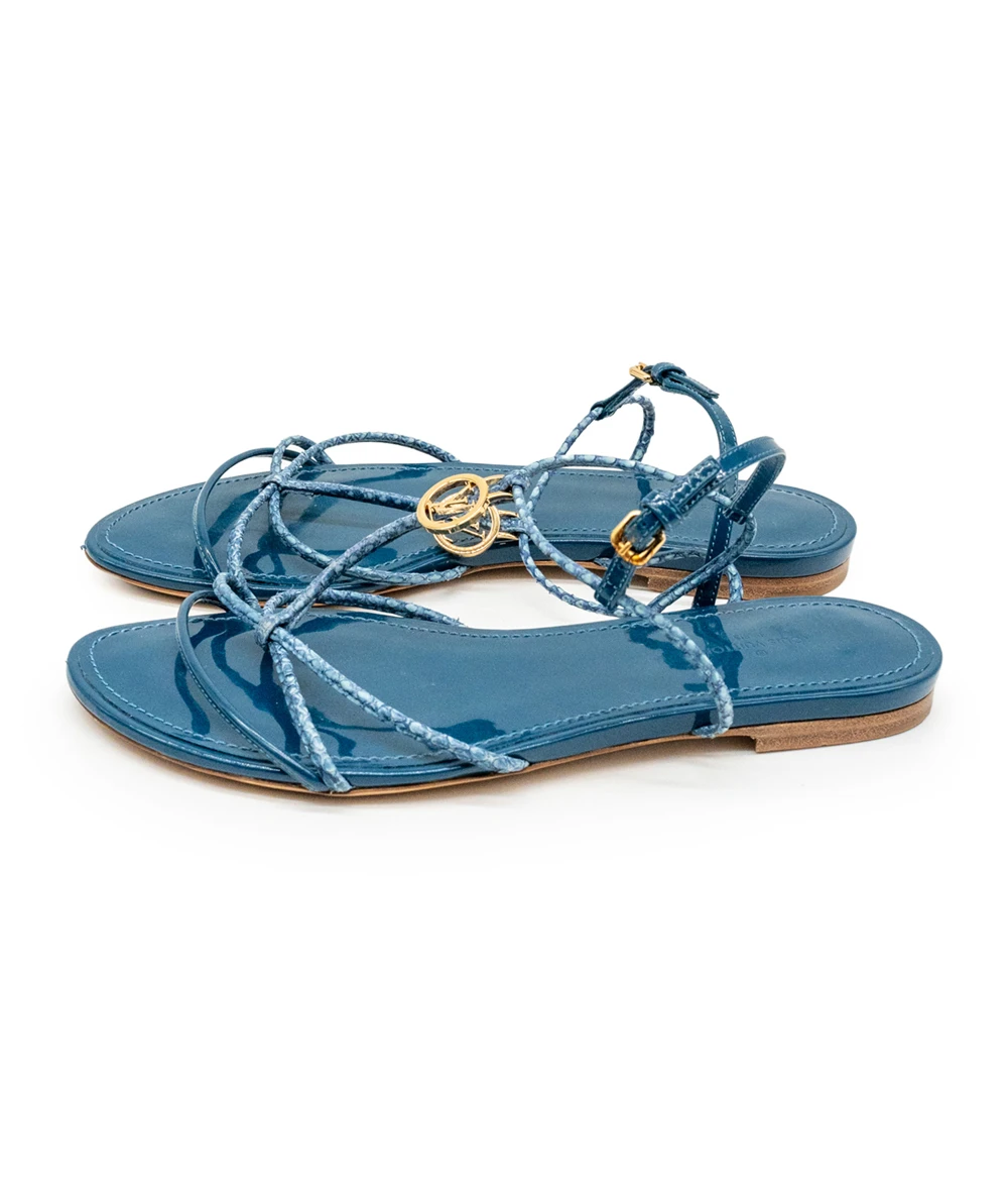 Louis Vuitton Size 37 Blue Snakeskin Leather Sunseeker Ankle Strap Flat Sandals