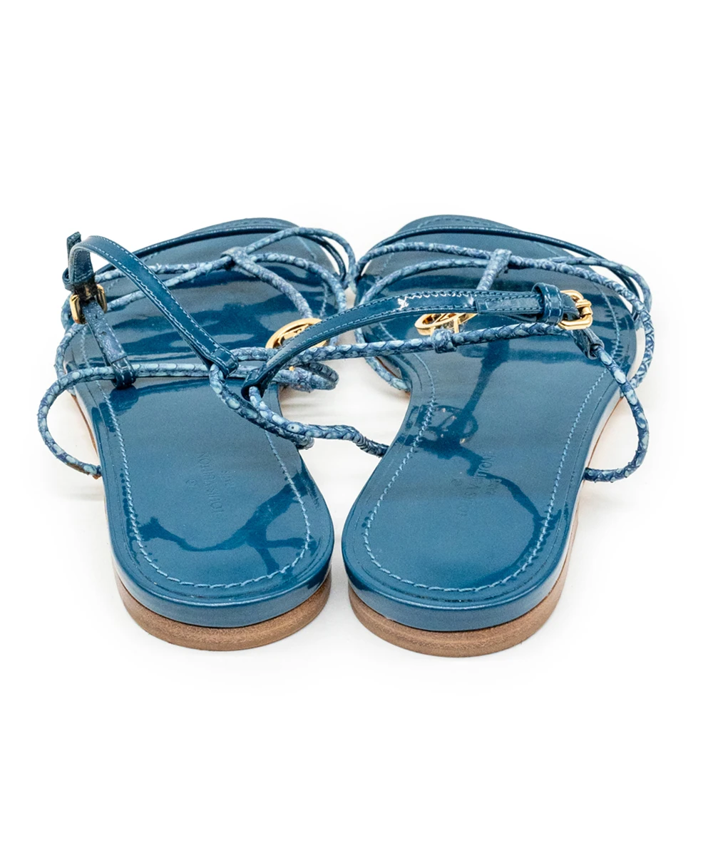 Louis Vuitton Size 37 Blue Snakeskin Leather Sunseeker Ankle Strap Flat Sandals