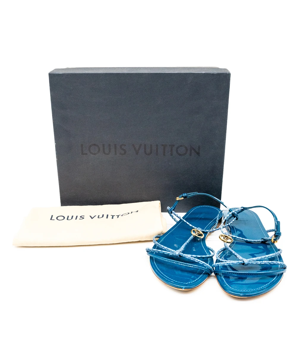 Louis Vuitton Size 37 Blue Snakeskin Leather Sunseeker Ankle Strap Flat Sandals