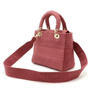 Christian Dior Lady D-LITE Medium Bag Cannage Embroidery Handbag Canvas Rose