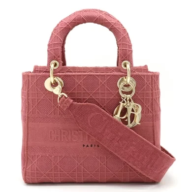 Christian Dior Lady D-LITE Medium Bag Cannage Embroidery Handbag Canvas Rose