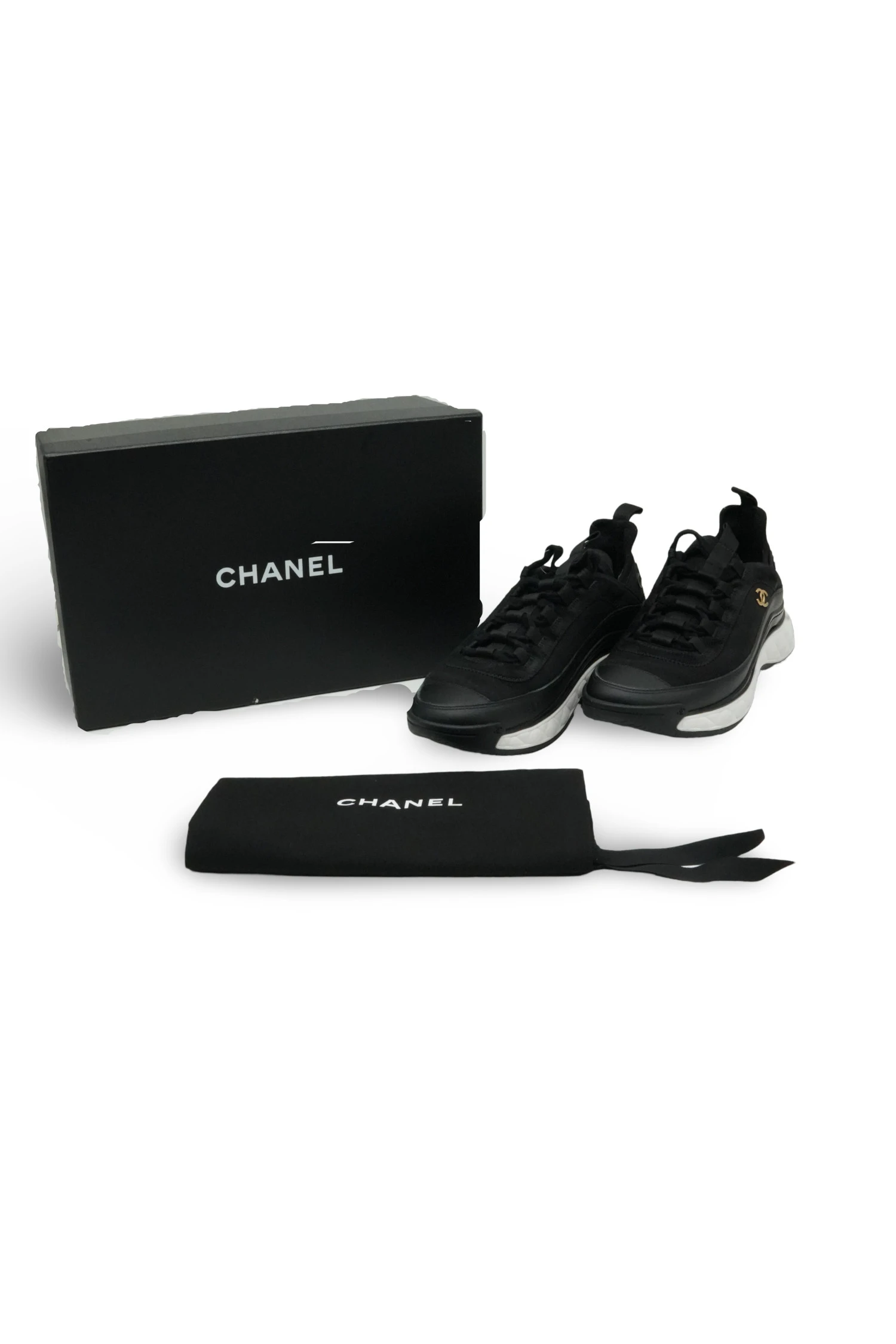 Chanel Size 40 Black Leather, Rubber and Nylon CC Lace Up Sneakers