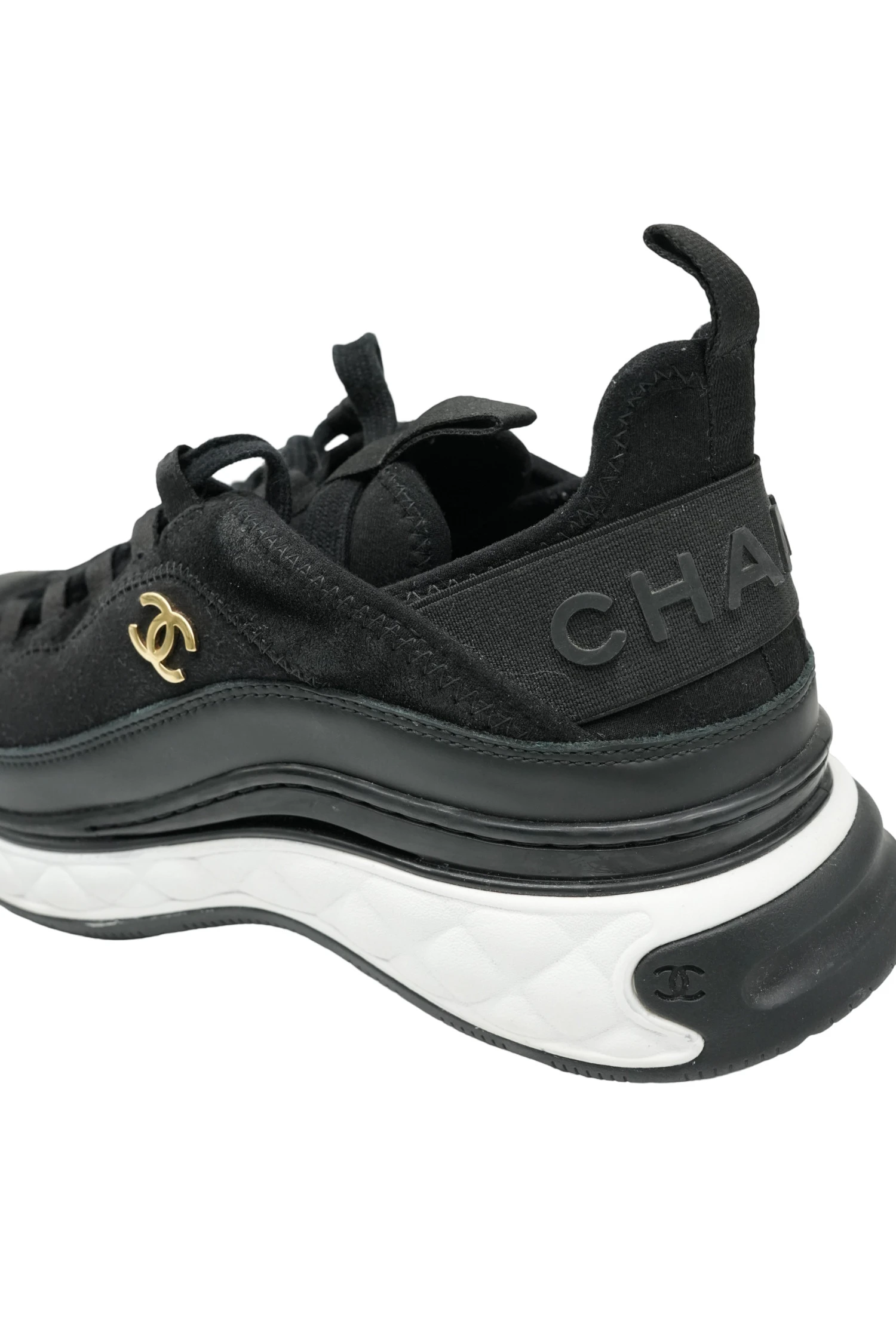 Chanel Size 40 Black Leather, Rubber and Nylon CC Lace Up Sneakers