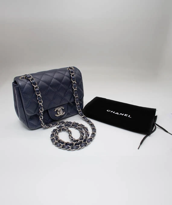 Chanel Classic Navy Blue Caviar Mini Bag with Silver Hardware