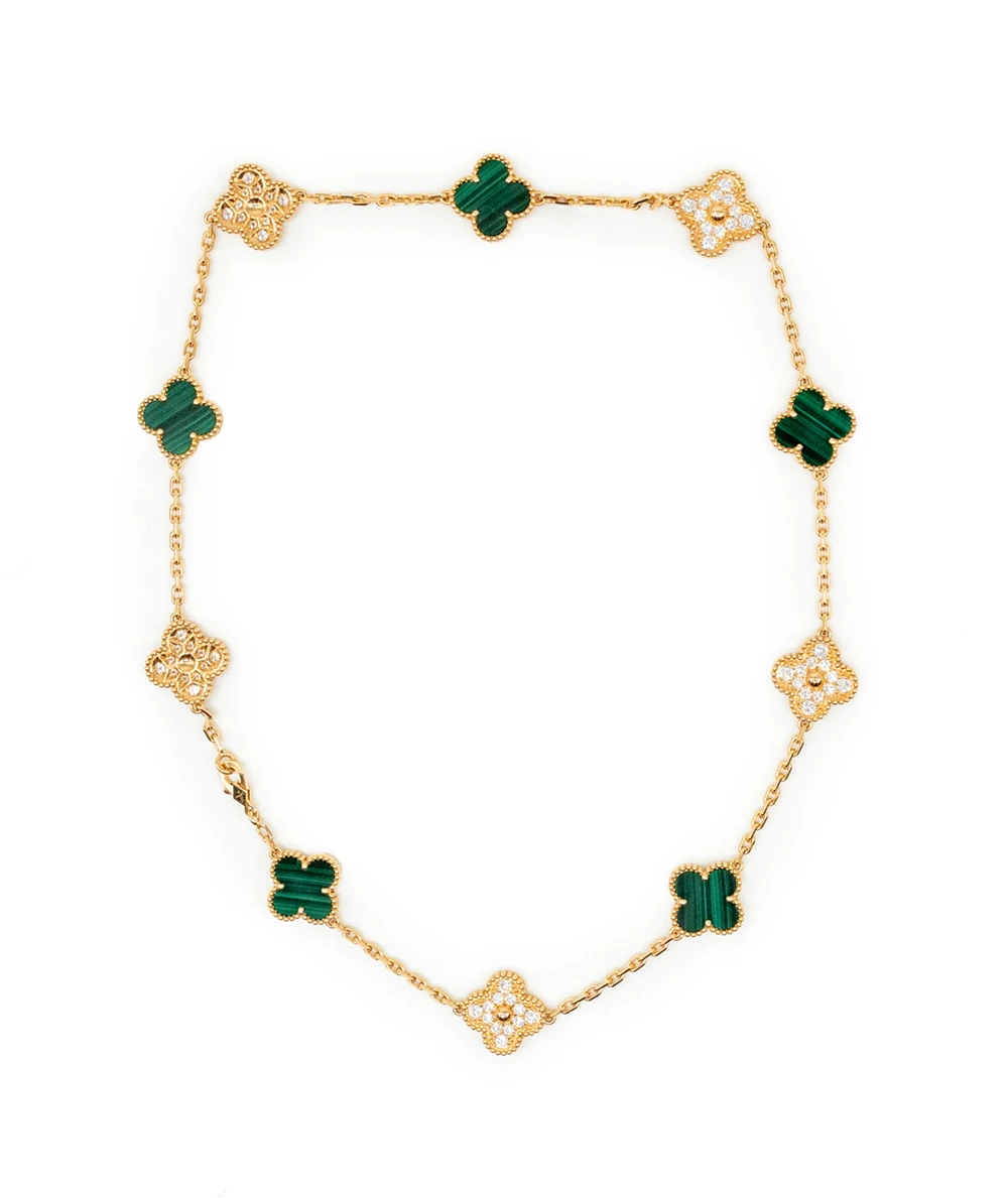 Van Cleef & Arpels Vintage Alhambra 18k Yellow Gold 10 Motifs Necklace with Diamonds and Malachite