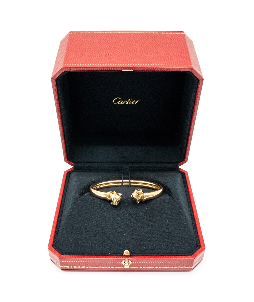 Cartier Panthere De Cartier Tsavorite Garnet Onyx Yellow Gold Open Cuff Bracelet Size 16