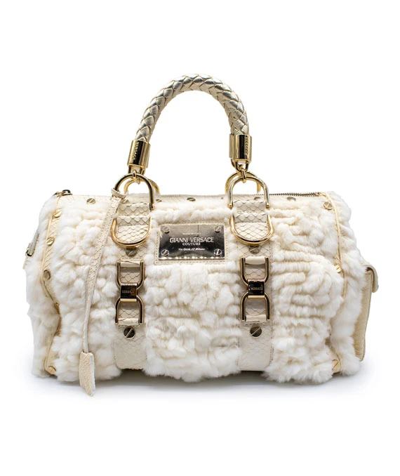 Gianni Versace Rare “Snap Out Of It” Fur Bag in White with Python Leather and Gold Hardware