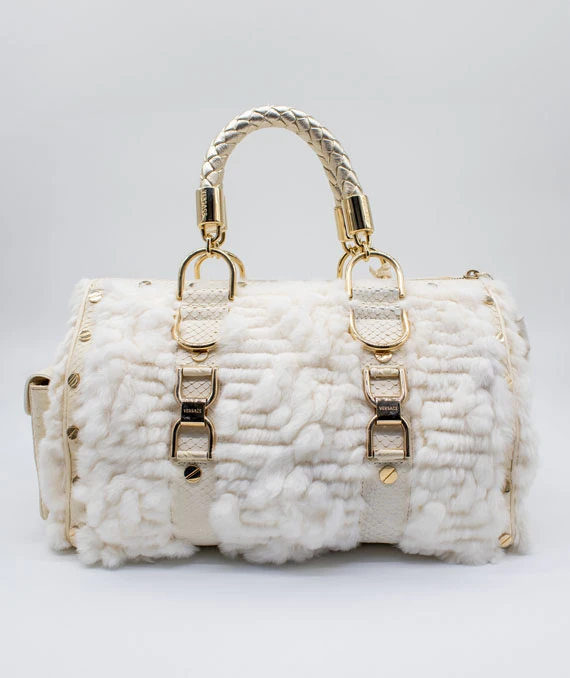 Gianni Versace Rare “Snap Out Of It” Fur Bag in White with Python Leather and Gold Hardware