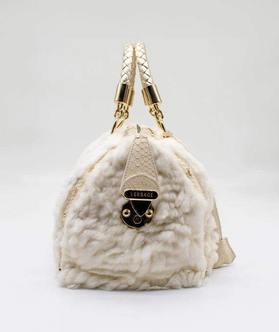 Gianni Versace Rare “Snap Out Of It” Fur Bag in White with Python Leather and Gold Hardware