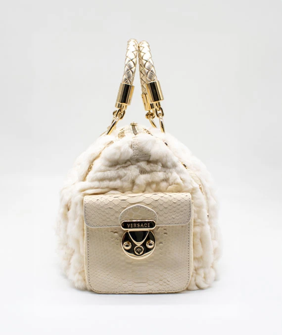 Gianni Versace Rare “Snap Out Of It” Fur Bag in White with Python Leather and Gold Hardware