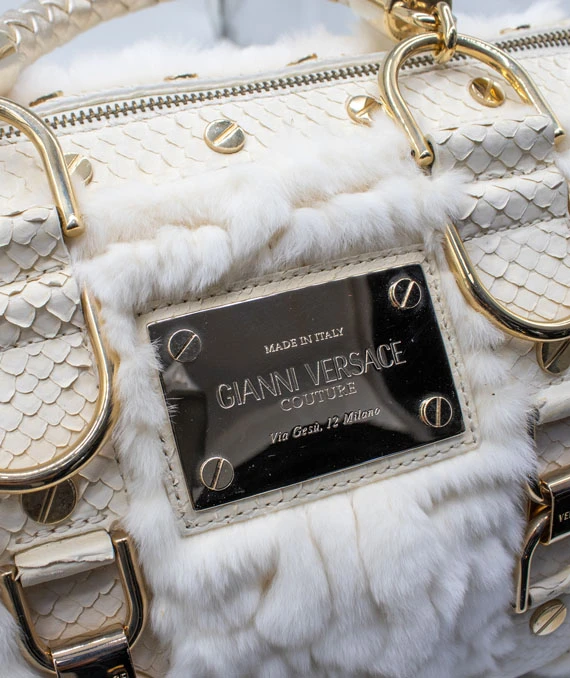 Gianni Versace Rare “Snap Out Of It” Fur Bag in White with Python Leather and Gold Hardware